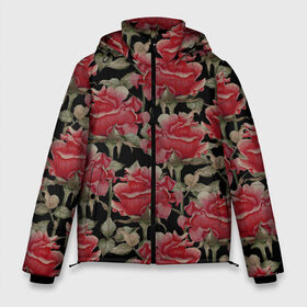 Мужская зимняя куртка 3D с принтом Красные розы на черном фоне в Кировске, верх — 100% полиэстер; подкладка — 100% полиэстер; утеплитель — 100% полиэстер | длина ниже бедра, свободный силуэт Оверсайз. Есть воротник-стойка, отстегивающийся капюшон и ветрозащитная планка. 

Боковые карманы с листочкой на кнопках и внутренний карман на молнии. | 8 марта | flowers | summer | ботаническая иллюстрация | весна | зеленый | красный | лето | любовь | праздник | принт | природа | растения | розы | цветы | черный