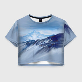 Женская футболка Crop-top 3D с принтом Серо-голубые горы в Кировске, 100% полиэстер | круглая горловина, длина футболки до линии талии, рукава с отворотами | арт | горы | живопись | кистью | краски | пейзаж | рисунок | серый
