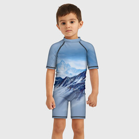 Детский купальный костюм 3D с принтом Серо голубые горы в Кировске, Полиэстер 85%, Спандекс 15% | застежка на молнии на спине | Тематика изображения на принте: арт | горы | живопись | кистью | краски | пейзаж | рисунок | серый
