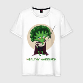 Мужская футболка хлопок с принтом Здоровые воины в Кировске, 100% хлопок | прямой крой, круглый вырез горловины, длина до линии бедер, слегка спущенное плечо. | Тематика изображения на принте: брокколи | воин | здоровье | зеленый | овощи