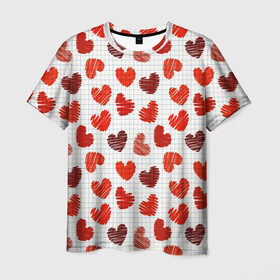 Мужская футболка 3D с принтом Сердца в Кировске, 100% полиэфир | прямой крой, круглый вырез горловины, длина до линии бедер | день влюбленных | любовь | сердца | сердца в тетради | текстура | тетрадная клетка