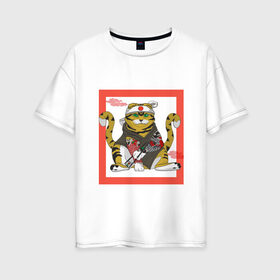 Женская футболка хлопок Oversize с принтом Кот Ёкай и суши в Кировске, 100% хлопок | свободный крой, круглый ворот, спущенный рукав, длина до линии бедер
 | кот | красный | сушист | тату | япония