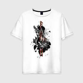 Женская футболка хлопок Oversize с принтом Assassins Creed Valhalla Тату в Кировске, 100% хлопок | свободный крой, круглый ворот, спущенный рукав, длина до линии бедер
 | викинги | графика | драккар | корабль | орел | руны | тату | черный