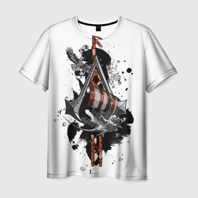 Мужская футболка 3D с принтом Assassins Creed Valhalla Тату в Кировске, 100% полиэфир | прямой крой, круглый вырез горловины, длина до линии бедер | ассасинс крид | викинги | графика | драккар | корабль | орел | руны | тату