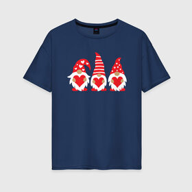 Женская футболка хлопок Oversize с принтом Влюбленные гномы в Кировске, 100% хлопок | свободный крой, круглый ворот, спущенный рукав, длина до линии бедер
 | валентин | влюбленные | гном | гномы | день святого валентина | на день влюбленных | сердечки | скандинавские | скандинавский | три гнома