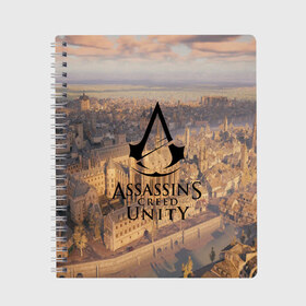 Тетрадь с принтом Assassin’s Creed Unity в Кировске, 100% бумага | 48 листов, плотность листов — 60 г/м2, плотность картонной обложки — 250 г/м2. Листы скреплены сбоку удобной пружинной спиралью. Уголки страниц и обложки скругленные. Цвет линий — светло-серый
 | black flag | brotherhood | chronicles | creed | game | origins | revelations | rogue | syndicate | unity | valhalla | альтаир | ассасин | игры | кинжал | пираты