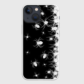 Чехол для iPhone 13 mini с принтом Пауки в Кировске,  |  | black and white | dark | halloween | horror | spiders | жуки | клещ | краска | минимализм | монохромный | ночь | пауки | паутина | паучки | паучок | страшный | сумерки | темный | тьма | ужасы | уличный | хеллоуин | хоррор