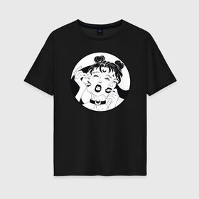 Женская футболка хлопок Oversize с принтом Dark moon в Кировске, 100% хлопок | свободный крой, круглый ворот, спущенный рукав, длина до линии бедер
 | sailor moon | аниме | девушка | демон | клыки | луна | сейлор мун | суккуб | черно белый