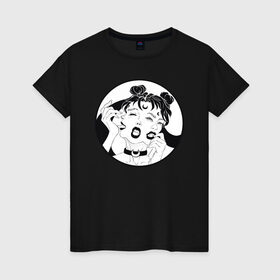 Женская футболка хлопок с принтом Dark moon в Кировске, 100% хлопок | прямой крой, круглый вырез горловины, длина до линии бедер, слегка спущенное плечо | sailor moon | аниме | девушка | демон | клыки | луна | сейлор мун | суккуб | черно белый