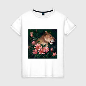 Женская футболка хлопок с принтом Львица в Кировске, 100% хлопок | прямой крой, круглый вырез горловины, длина до линии бедер, слегка спущенное плечо | животное | кошка | лев | львица | природа | растения | хищник | цветы