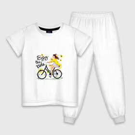 Детская пижама хлопок с принтом Велосипедистка в Кировске, 100% хлопок |  брюки и футболка прямого кроя, без карманов, на брюках мягкая резинка на поясе и по низу штанин
 | Тематика изображения на принте: велосипед | девушка | желтый | лето | подсолнухи | спорт