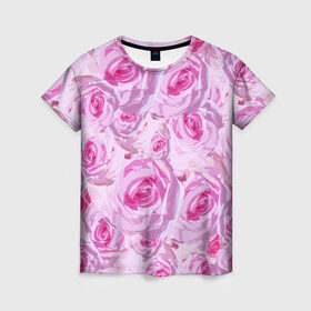 Женская футболка 3D с принтом Roses в Кировске, 100% полиэфир ( синтетическое хлопкоподобное полотно) | прямой крой, круглый вырез горловины, длина до линии бедер | дизайн с розами | женственность | нежность | роза | розовый принт | розовый фон | розы | цветы