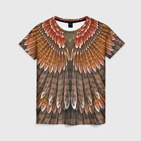 Женская футболка 3D с принтом оперение орел в Кировске, 100% полиэфир ( синтетическое хлопкоподобное полотно) | прямой крой, круглый вырез горловины, длина до линии бедер | друид | индеец | коричневый | красный | оперение | оранжевый | орёл | пернатый | перо | перья | природа | птица | сова | сон
