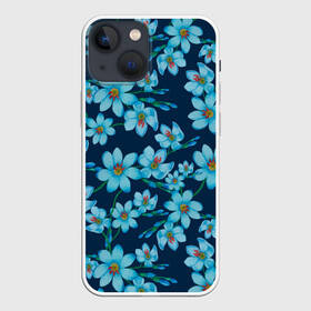 Чехол для iPhone 13 mini с принтом Иксии не темно синем фоне в Кировске,  |  | 8 марта | flowers | summer | ботаническая иллюстрация | весна | иксии | лето | любовь | праздник | принт | природа | растения | синий | цветы