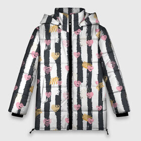 Женская зимняя куртка 3D с принтом Влюбленные сердца с полосками в Кировске, верх — 100% полиэстер; подкладка — 100% полиэстер; утеплитель — 100% полиэстер | длина ниже бедра, силуэт Оверсайз. Есть воротник-стойка, отстегивающийся капюшон и ветрозащитная планка. 

Боковые карманы с листочкой на кнопках и внутренний карман на молнии | 14 февраля | heart | hearts | love | pattern | pink | stripe | stripes | valentine | valentines | арт | валентинка | валентинов день | день влюбленных | лав | лав ю | любовь | паттерн | роба | розовое | святой валентин | сердечки | сердце 