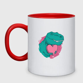 Кружка двухцветная с принтом Влюбленный динозавр T-Rex в Кировске, керамика | объем — 330 мл, диаметр — 80 мм. Цветная ручка и кайма сверху, в некоторых цветах — вся внутренняя часть | 14 февраля | dinosaur | heart | hearts | love | pink | t rex | valentine | valentines | валентинка | валентинов день | день влюбленных | динозавр | лав | лав ю | любовь | розовое | святой валентин | сердечки | сердце | ти рекс