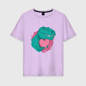 Женская футболка хлопок Oversize с принтом Влюбленный динозавр T-Rex в Кировске, 100% хлопок | свободный крой, круглый ворот, спущенный рукав, длина до линии бедер
 | 14 февраля | dinosaur | heart | hearts | love | pink | t rex | valentine | valentines | валентинка | валентинов день | день влюбленных | динозавр | лав | лав ю | любовь | розовое | святой валентин | сердечки | сердце | ти рекс