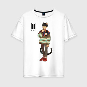Женская футболка хлопок Oversize с принтом BTS Cat в Кировске, 100% хлопок | свободный крой, круглый ворот, спущенный рукав, длина до линии бедер
 | bts | k pop | kpop | rm | аниме | бтс | ви | джей хоуп | джонгук | кпоп | сюга | чимин | чин | япония