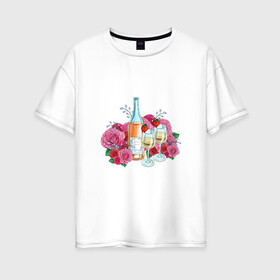 Женская футболка хлопок Oversize с принтом Романтический пикник в Кировске, 100% хлопок | свободный крой, круглый ворот, спущенный рукав, длина до линии бедер
 | винишко | еда | красный | розы | романтика | тюльпаны | цветы