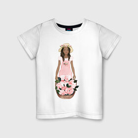 Детская футболка хлопок с принтом Девушка с корзиной тюльпанов в Кировске, 100% хлопок | круглый вырез горловины, полуприлегающий силуэт, длина до линии бедер | 8 марта | dreams | всемирный женский день | цветы