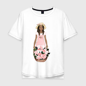 Мужская футболка хлопок Oversize с принтом Девушка с корзиной тюльпанов в Кировске, 100% хлопок | свободный крой, круглый ворот, “спинка” длиннее передней части | 8 марта | dreams | всемирный женский день | цветы