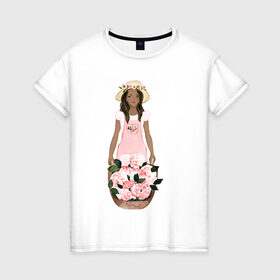 Женская футболка хлопок с принтом Девушка с корзиной тюльпанов в Кировске, 100% хлопок | прямой крой, круглый вырез горловины, длина до линии бедер, слегка спущенное плечо | Тематика изображения на принте: 8 марта | dreams | всемирный женский день | цветы