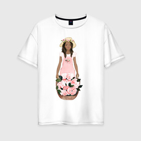 Женская футболка хлопок Oversize с принтом Девушка с корзиной тюльпанов в Кировске, 100% хлопок | свободный крой, круглый ворот, спущенный рукав, длина до линии бедер
 | 8 марта | dreams | всемирный женский день | цветы