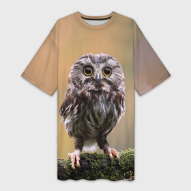 Платье-футболка 3D с принтом СОВЕНОК в Кировске,  |  | animal | bird | животные | звери | лес | малыш | природа | птенец | птицы | сова | совенок