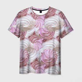 Мужская футболка 3D с принтом Зефир белый и розовый в Кировске, 100% полиэфир | прямой крой, круглый вырез горловины, длина до линии бедер | валентинов день | влюбленные | зефир | любовь | пирожное | романтика | сладости