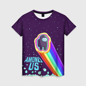 Женская футболка 3D с принтом AMONG US neon rainbow в Кировске, 100% полиэфир ( синтетическое хлопкоподобное полотно) | прямой крой, круглый вырез горловины, длина до линии бедер | Тематика изображения на принте: детский | космос | неоновый | радуга | стильная | тренд | яркий
