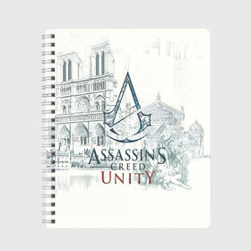 Тетрадь с принтом Assassin’s Creed Unity в Кировске, 100% бумага | 48 листов, плотность листов — 60 г/м2, плотность картонной обложки — 250 г/м2. Листы скреплены сбоку удобной пружинной спиралью. Уголки страниц и обложки скругленные. Цвет линий — светло-серый
 | Тематика изображения на принте: black flag | brotherhood | chronicles | creed | game | origins | revelations | rogue | syndicate | unity | valhalla | альтаир | ассасин | игры | кинжал | пираты