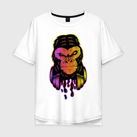 Мужская футболка хлопок Oversize с принтом Горилла с наушниками в Кировске, 100% хлопок | свободный крой, круглый ворот, “спинка” длиннее передней части | горилла | градиент | животные | злой | музыка | наушники | обезьяна | хипстер