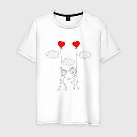 Мужская футболка хлопок с принтом Полет любви в Кировске, 100% хлопок | прямой крой, круглый вырез горловины, длина до линии бедер, слегка спущенное плечо. | Тематика изображения на принте: люблю | парные | сердце | шары воздушные