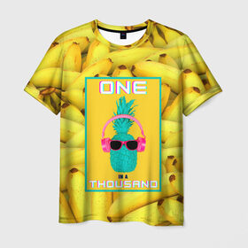 Мужская футболка 3D с принтом Крутой ананас в Кировске, 100% полиэфир | прямой крой, круглый вырез горловины, длина до линии бедер | 3d | tegunvteg | ананас | бананы | бирюзовый | единственный | желтый | надпись | наушники | один | один на тысячу | одна на тысячу | очки | полная запечатка | розовый | самовыражение
