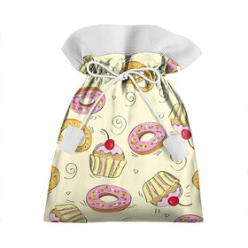 Подарочный 3D мешок с принтом Узор Сладости в Кировске, 100% полиэстер | Размер: 29*39 см | Тематика изображения на принте: детский | диета | желтый | капкейк | крендель | нарисованный | паттерн | пирожок | пончик | розовый | сладости | узор