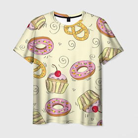 Мужская футболка 3D с принтом Узор Сладости в Кировске, 100% полиэфир | прямой крой, круглый вырез горловины, длина до линии бедер | детский | диета | желтый | капкейк | крендель | нарисованный | паттерн | пирожок | пончик | розовый | сладости | узор