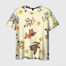 Мужская футболка 3D с принтом Собачки в Кировске, 100% полиэфир | прямой крой, круглый вырез горловины, длина до линии бедер | детский | желтый | забавный | злые | зоо | милый | нарисованный | пёсики | приют | следы | собаки | собачки | узор | щенки