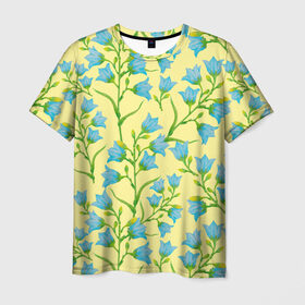 Мужская футболка 3D с принтом Колокольчики на желтом фоне в Кировске, 100% полиэфир | прямой крой, круглый вырез горловины, длина до линии бедер | 8 марта | flowers | summer | ботаническая иллюстрация | весна | желтый | зеленый | колокольчики | лето | любовь | праздник | принт | природа | растения | цветы
