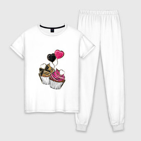 Женская пижама хлопок с принтом Кексики в Кировске, 100% хлопок | брюки и футболка прямого кроя, без карманов, на брюках мягкая резинка на поясе и по низу штанин | сладости | шары