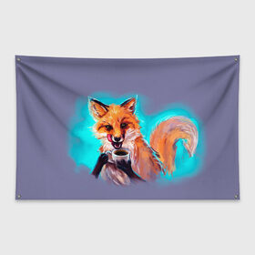 Флаг-баннер с принтом Лиса с кофе в Кировске, 100% полиэстер | размер 67 х 109 см, плотность ткани — 95 г/м2; по краям флага есть четыре люверса для крепления | fox | foxy | животное | звери | лиса | лисенок | лисичка | милая | рыжая | фокс