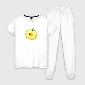 Женская пижама хлопок с принтом Яблочко в Кировске, 100% хлопок | брюки и футболка прямого кроя, без карманов, на брюках мягкая резинка на поясе и по низу штанин | зеленое | фрукты | яблоко