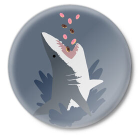 Значок с принтом Donut Shark в Кировске,  металл | круглая форма, металлическая застежка в виде булавки | Тематика изображения на принте: акула | голод | еда | пончик | рыба | челюсти