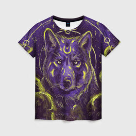 Женская футболка 3D с принтом Волшебный Волк в Кировске, 100% полиэфир ( синтетическое хлопкоподобное полотно) | прямой крой, круглый вырез горловины, длина до линии бедер | animals | wolf | волк | волки | животные | звери | зверь | магия | одиночество | одиночка | пёс | собака