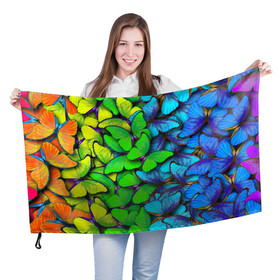Флаг 3D с принтом Радужные бабочки в Кировске, 100% полиэстер | плотность ткани — 95 г/м2, размер — 67 х 109 см. Принт наносится с одной стороны | абстракция | бабочки | градиент | неон | природа | радуга | узор | фон | яркий узор