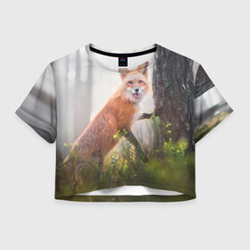 Женская футболка Crop-top 3D с принтом Лисица в Кировске, 100% полиэстер | круглая горловина, длина футболки до линии талии, рукава с отворотами | fox | foxy | животное | звери | лиса | лисенок | лисичка | милая | рыжая | фокс
