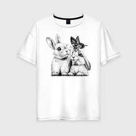 Женская футболка хлопок Oversize с принтом Зайки в Кировске, 100% хлопок | свободный крой, круглый ворот, спущенный рукав, длина до линии бедер
 | бабочка | зайчик | милый | пушистик