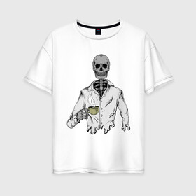Женская футболка хлопок Oversize с принтом Скелет с кофе в Кировске, 100% хлопок | свободный крой, круглый ворот, спущенный рукав, длина до линии бедер
 | горячий | кости | кофе | кружка | скелет | хипстер | череп