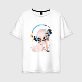 Женская футболка хлопок Oversize с принтом Собачка в наушниках в Кировске, 100% хлопок | свободный крой, круглый ворот, спущенный рукав, длина до линии бедер
 | животные | маленкое зло | наушники | шпиц