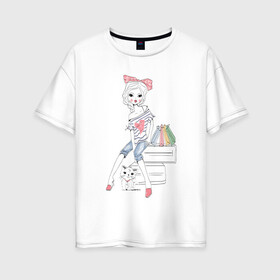 Женская футболка хлопок Oversize с принтом Девушка в Кировске, 100% хлопок | свободный крой, круглый ворот, спущенный рукав, длина до линии бедер
 | tegunvteg | дама с собачкой | животные | кошечка | кошка | силуэт