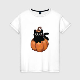 Женская футболка хлопок с принтом Кот в тыкве в Кировске, 100% хлопок | прямой крой, круглый вырез горловины, длина до линии бедер, слегка спущенное плечо | котик в тыкве | кошка | милый котенок | тыква | хеллоуин | черный кот